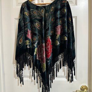 Coldwater Creek Burnout Velvet Shawl Poncho Peacock Floral Beaded Fringe OS NWOT